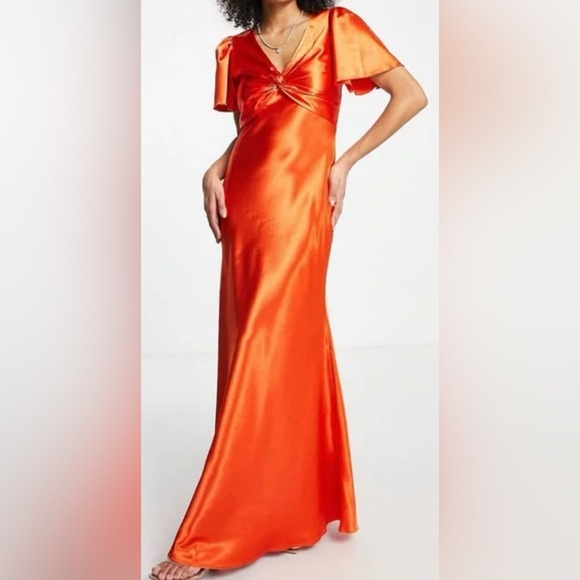 Little Mistress Plus Bridesmaids V-Neck Tea Dress in Sunset Orange 14 Maxi Silky - Picture 11 of 15